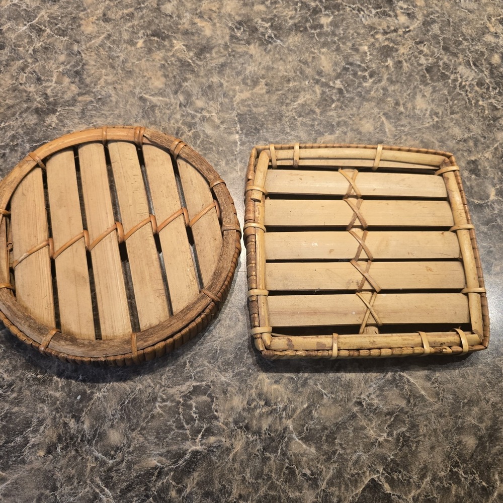 Vintage Bamboo Trivets Set Round & Square‎ Rattan Woven Hot Plate Pot Holders...